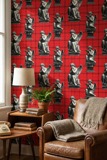 Angelic Statues Wallpaper Red Plaid Eclectic Decorative Mural