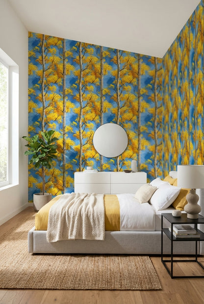 Birch Trees Wallpaper Yellow Leaves Blue Sky Decorative Mural