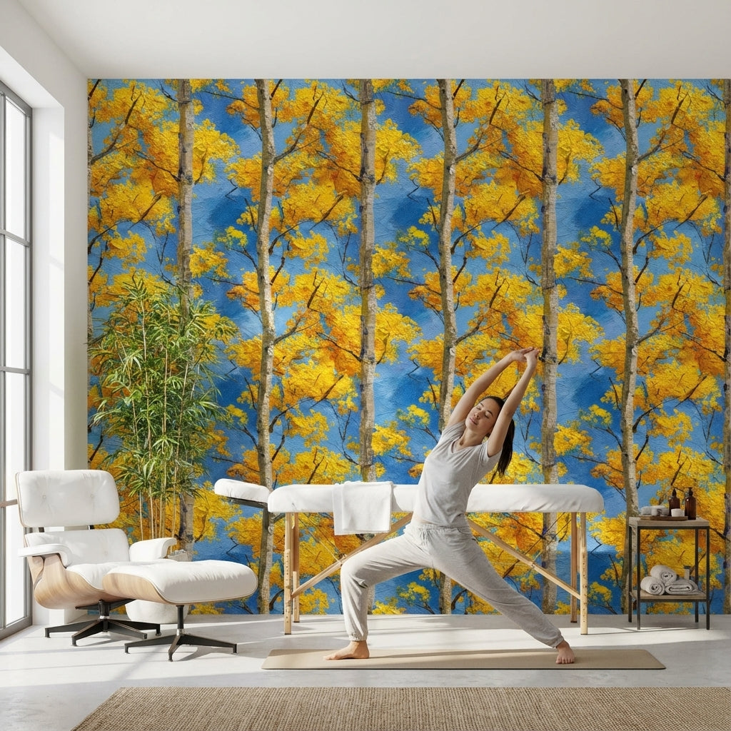 Birch Trees Wallpaper Yellow Leaves Blue Sky Decorative Mural