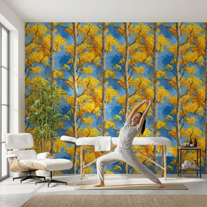 Birch Trees Wallpaper Yellow Leaves Blue Sky Decorative Mural