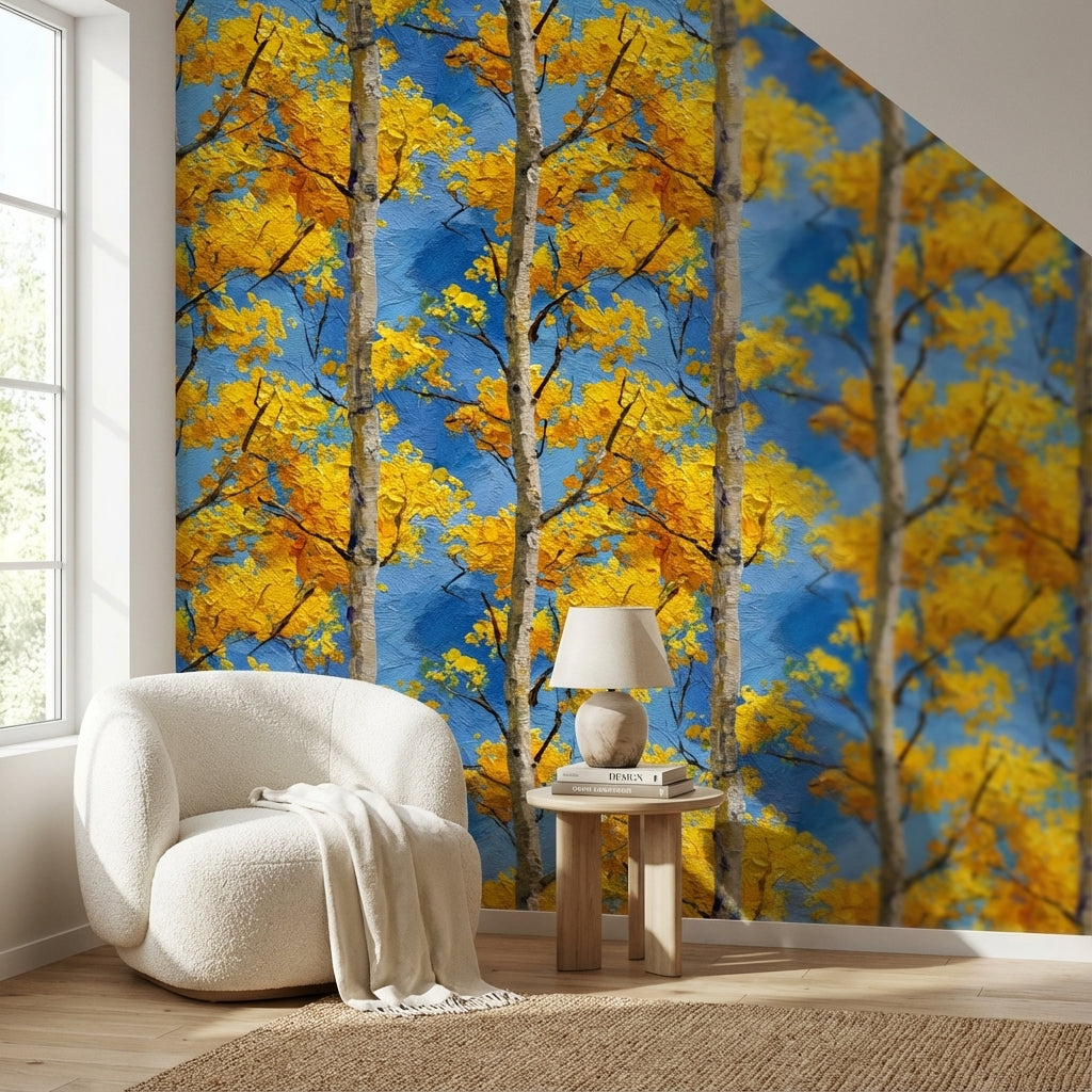 Birch Trees Wallpaper Yellow Leaves Blue Sky Decorative Mural