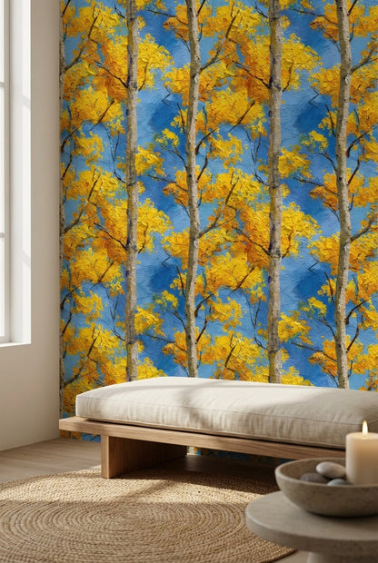 Birch Trees Wallpaper Yellow Leaves Blue Sky Decorative Mural