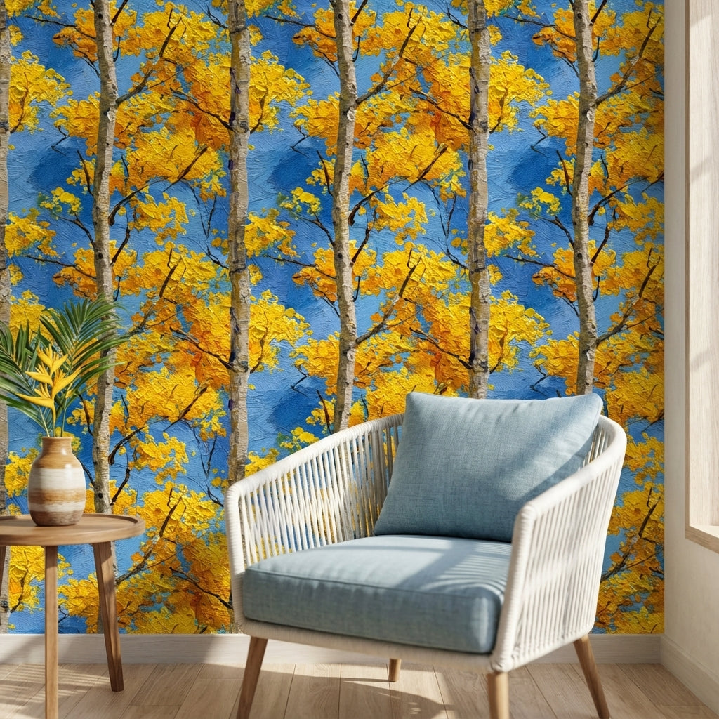 Birch Trees Wallpaper Yellow Leaves Blue Sky Decorative Mural