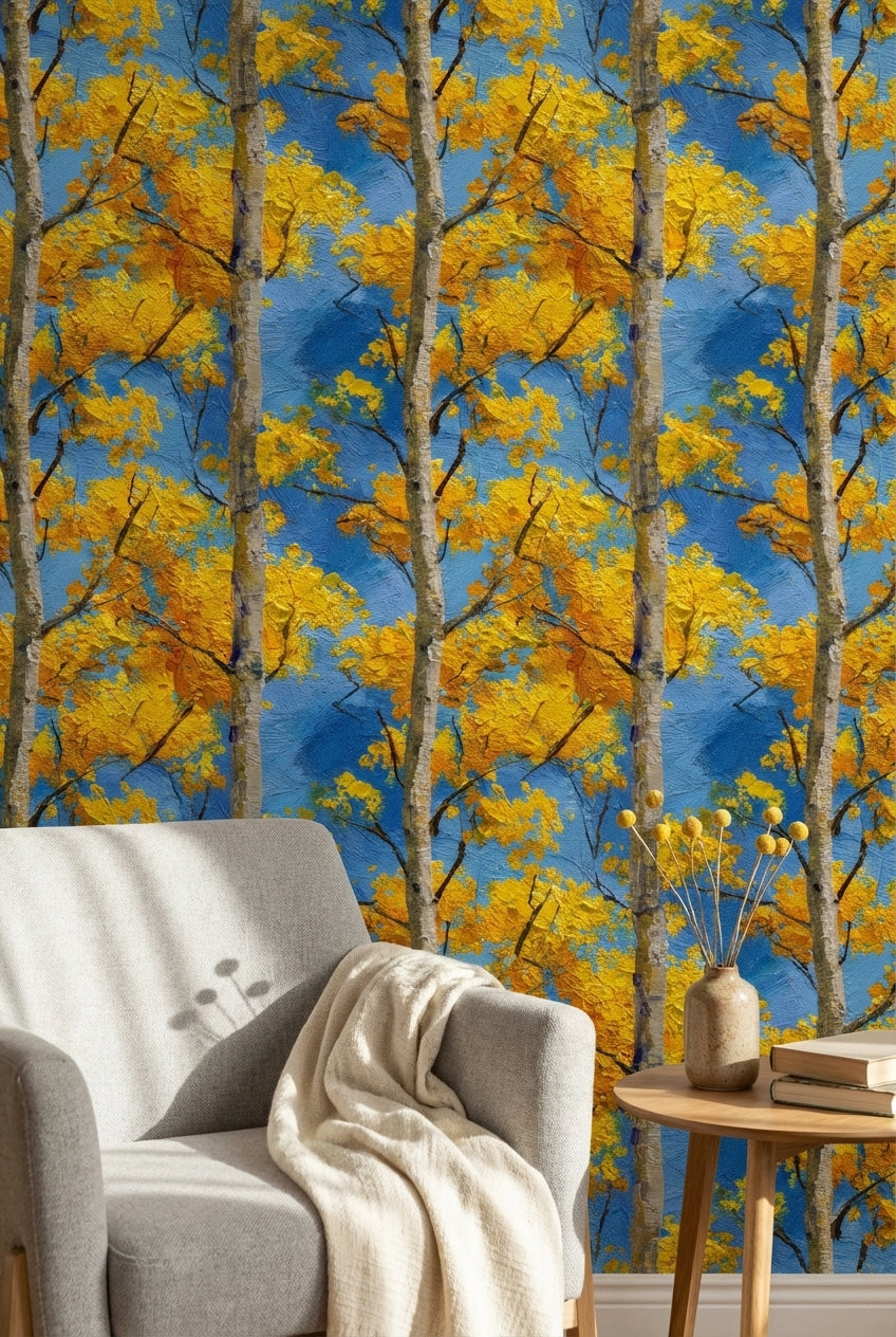 Birch Trees Wallpaper Yellow Leaves Blue Sky Decorative Mural