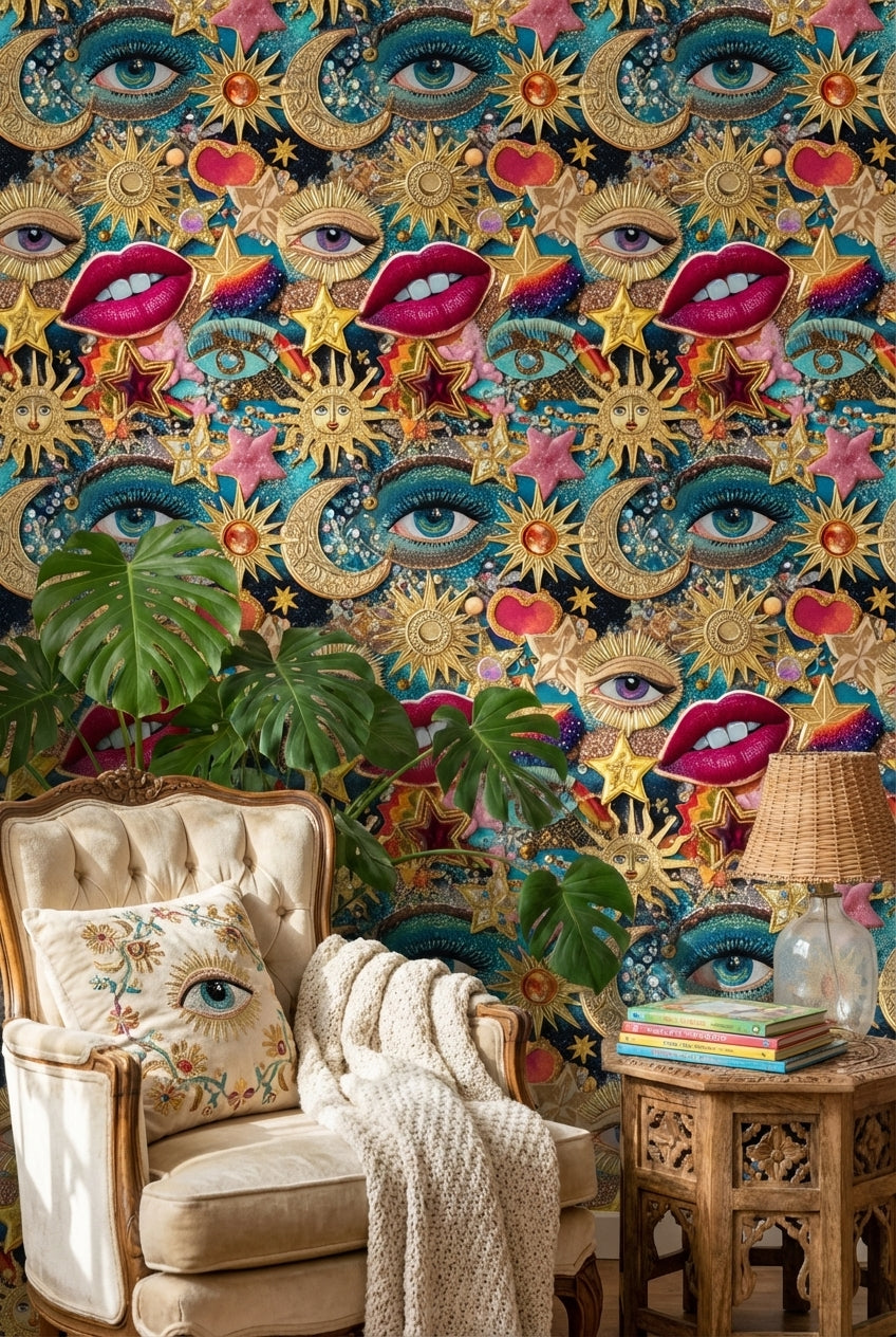 Eclectic Wallpaper Vibrant Cosmic Decorative Mural