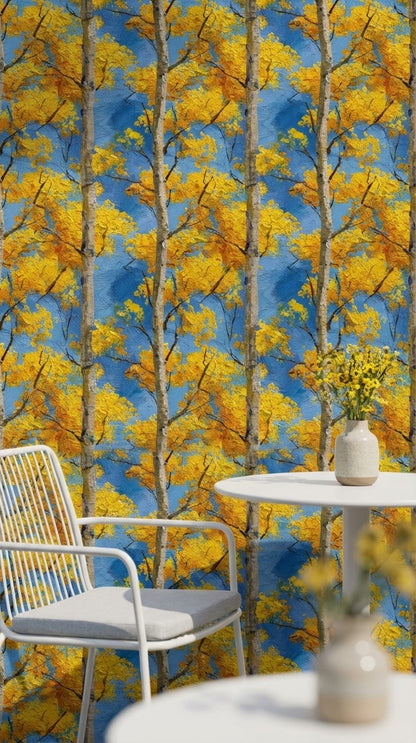 Birch Trees Wallpaper Yellow Leaves Blue Sky Decorative Mural