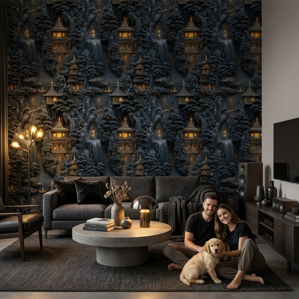 Asian Mountains Wallpaper Traditional Pagoda Wall Mural