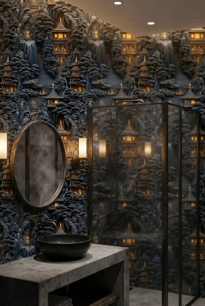 Asian Mountains Wallpaper Traditional Pagoda Wall Mural