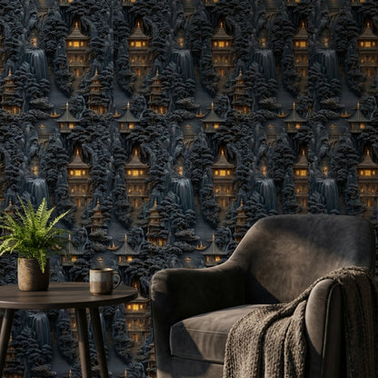 Asian Mountains Wallpaper Traditional Pagoda Wall Mural