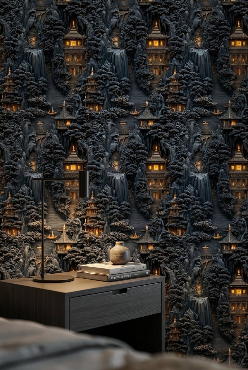 Asian Mountains Wallpaper Traditional Pagoda Wall Mural