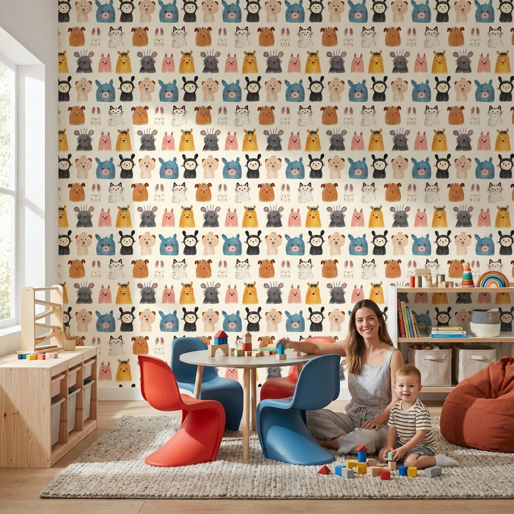 Playful Multicolor Animal Faces Kids Wallpaper