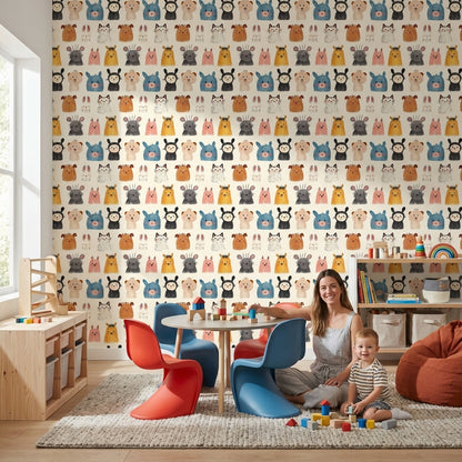 Playful Multicolor Animal Faces Kids Wallpaper