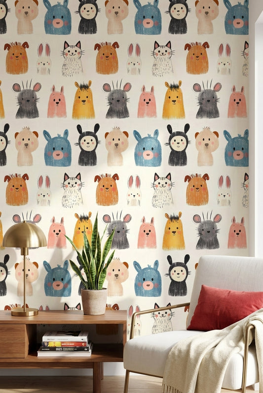 Playful Multicolor Animal Faces Kids Wallpaper