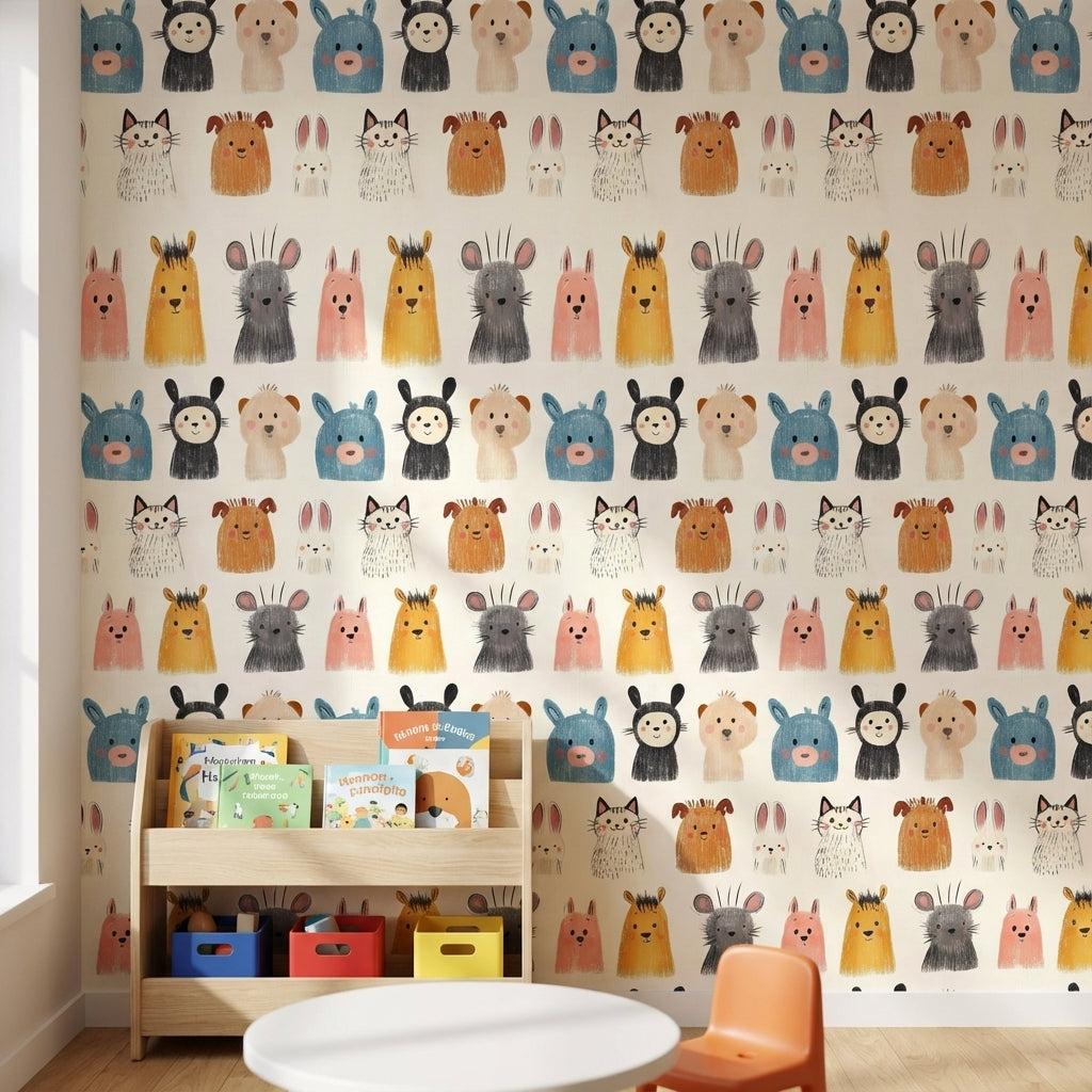 Playful Multicolor Animal Faces Kids Wallpaper
