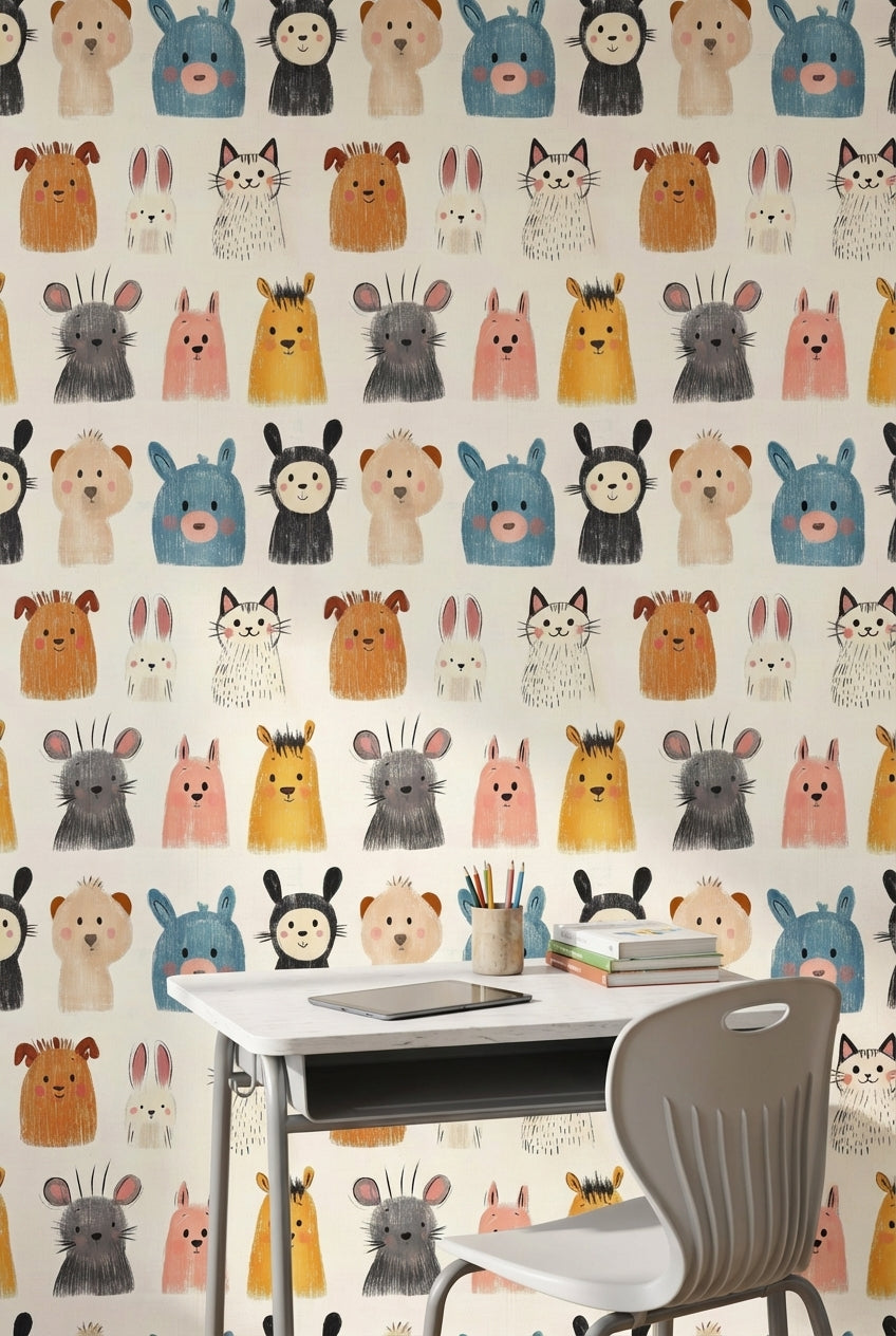 Playful Multicolor Animal Faces Kids Wallpaper