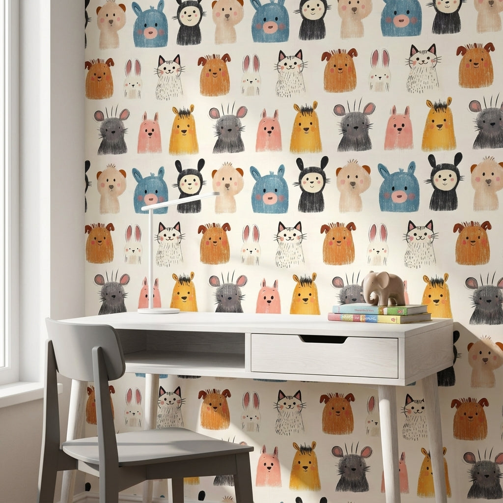 Playful Multicolor Animal Faces Kids Wallpaper