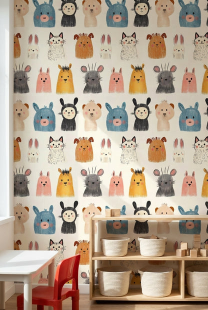 Playful Multicolor Animal Faces Kids Wallpaper