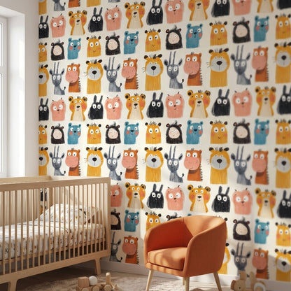 Cream Multicolor Jungle Animals Kids Wallpaper