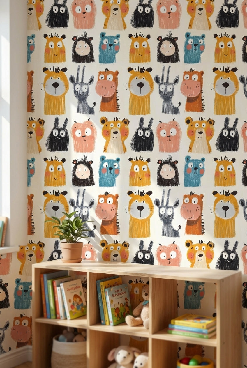 Cream Multicolor Jungle Animals Kids Wallpaper