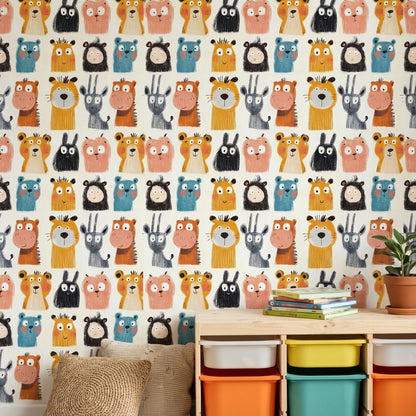 Cream Multicolor Jungle Animals Kids Wallpaper