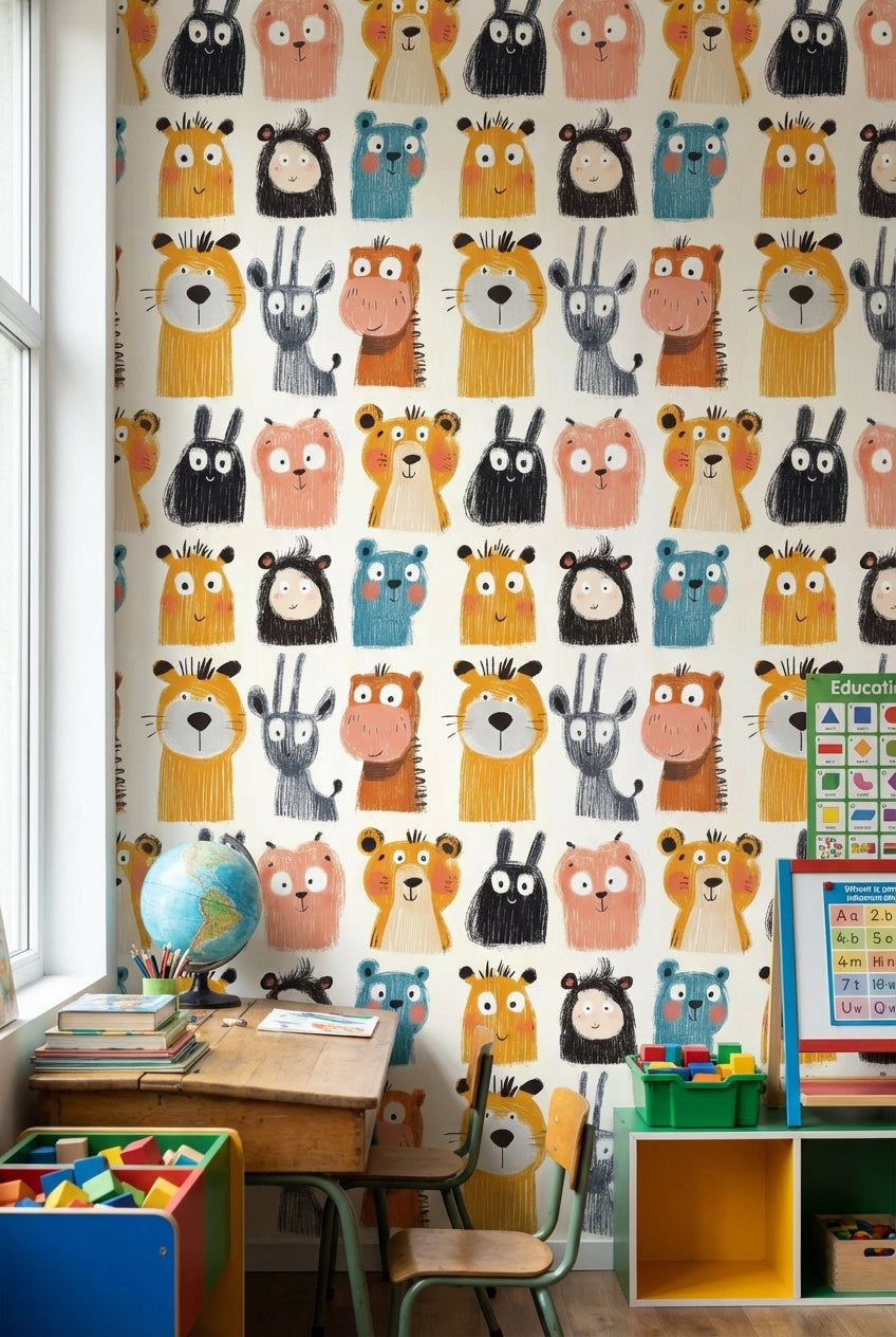 Cream Multicolor Jungle Animals Kids Wallpaper
