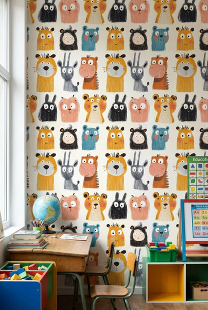 Cream Multicolor Jungle Animals Kids Wallpaper