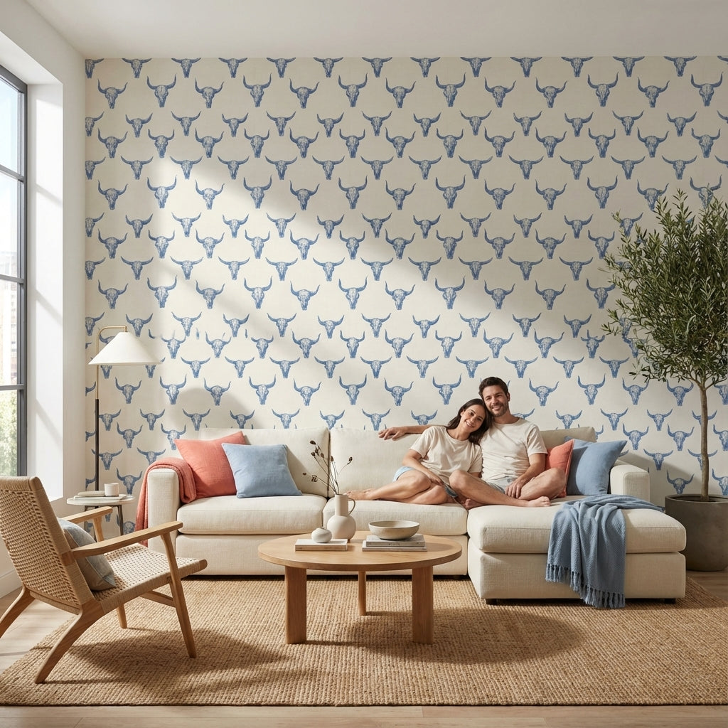 Cream and Blue Bull Skull Pattern Wallpaper