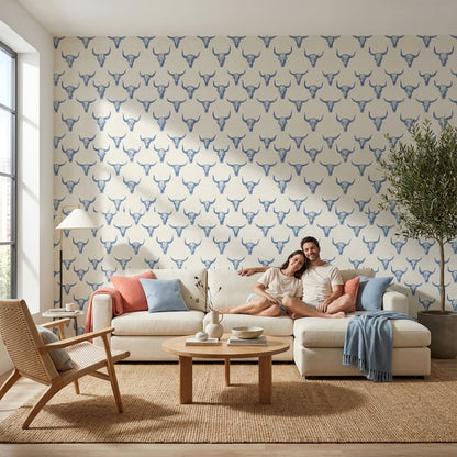 Cream and Blue Bull Skull Pattern Wallpaper