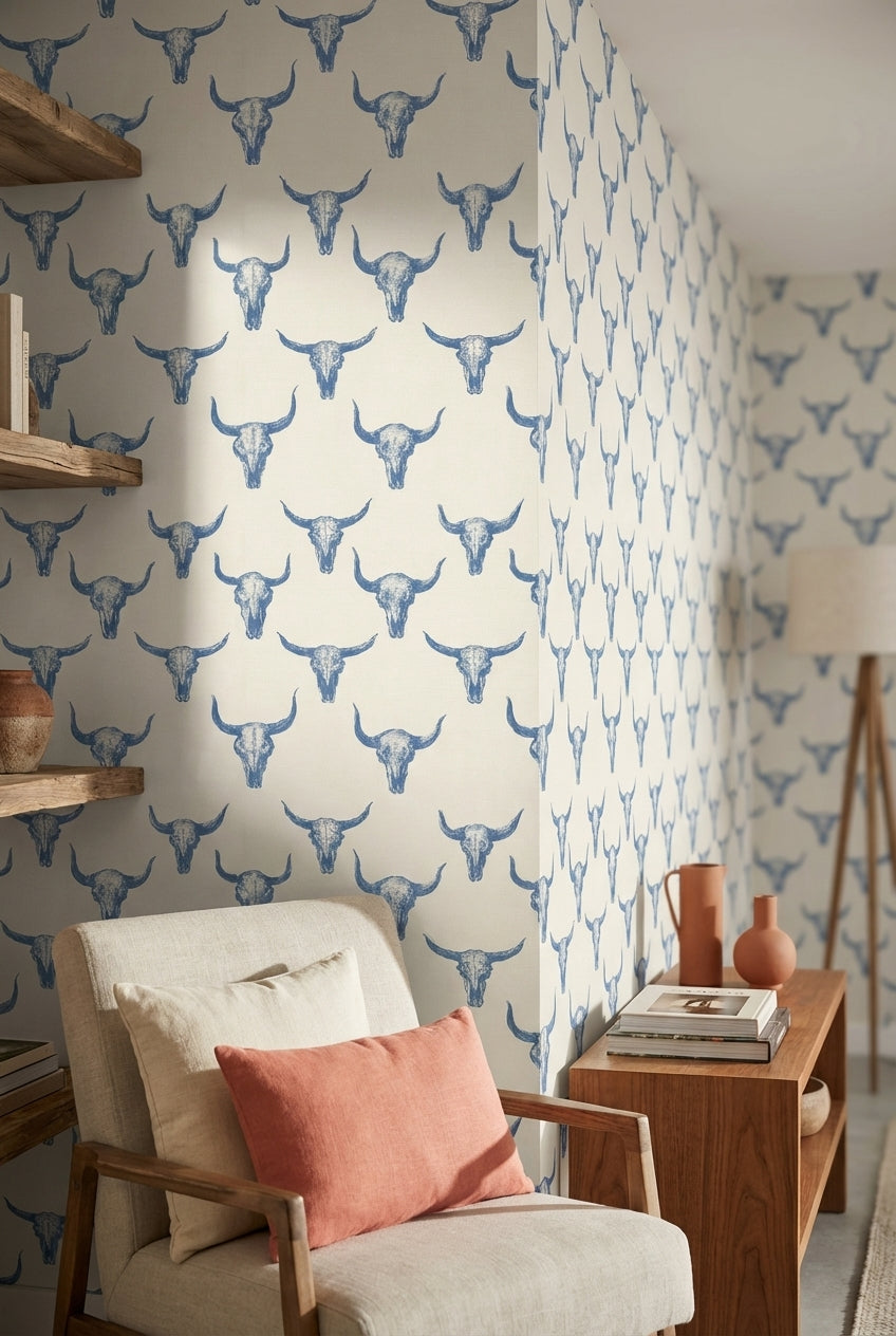 Cream and Blue Bull Skull Pattern Wallpaper