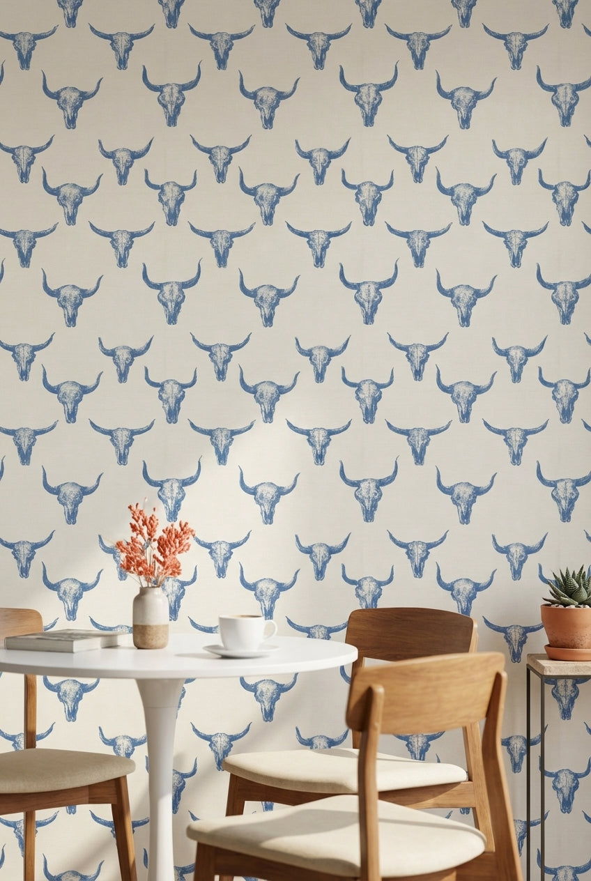 Cream and Blue Bull Skull Pattern Wallpaper