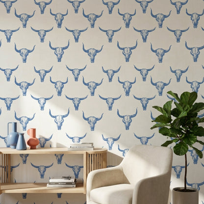 Cream and Blue Bull Skull Pattern Wallpaper
