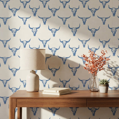 Cream and Blue Bull Skull Pattern Wallpaper