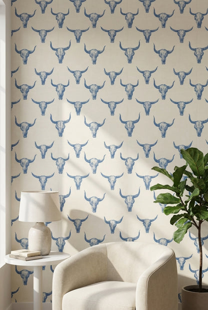 Cream and Blue Bull Skull Pattern Wallpaper