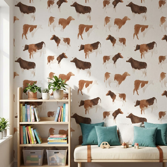 Cream and Brown Farm Animal Pattern Wallpaper
