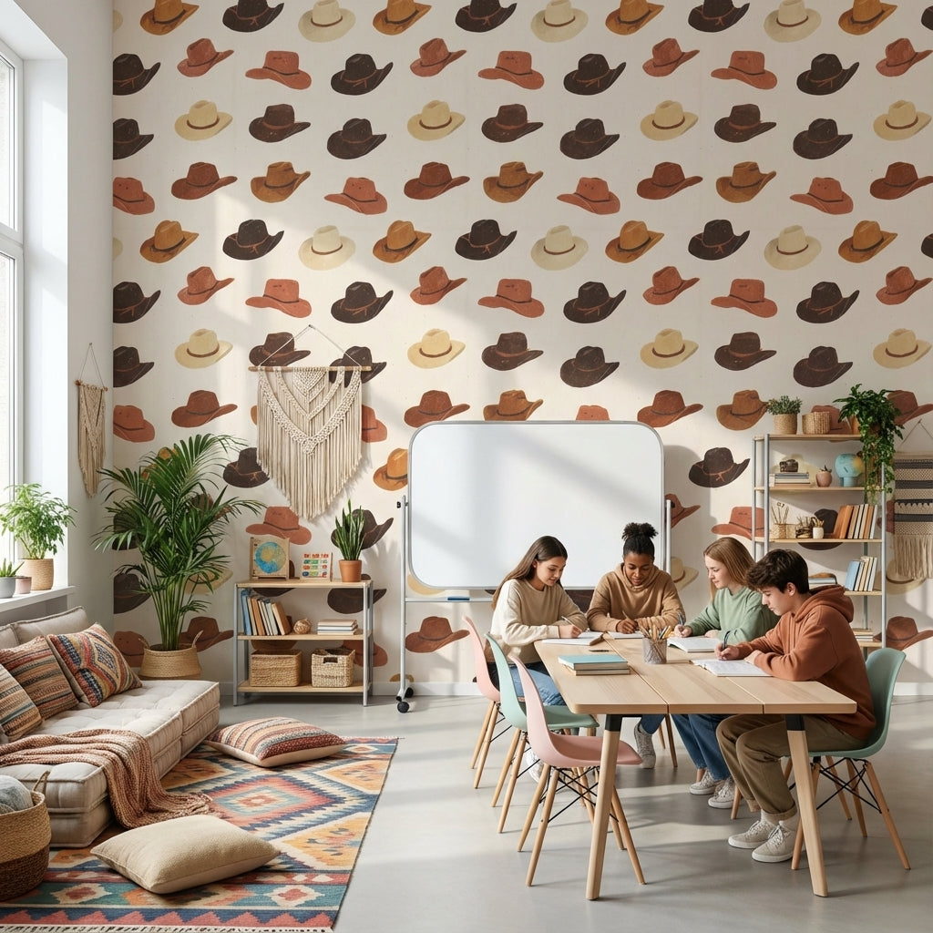 Cream and Brown Cowboy Hat Pattern Wallpaper