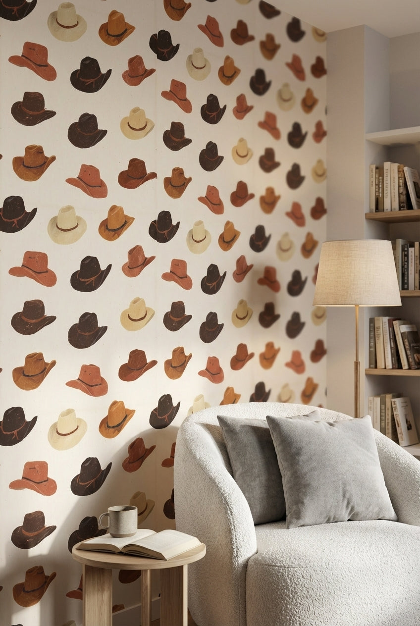 Cream and Brown Cowboy Hat Pattern Wallpaper