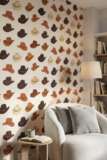 Cream and Brown Cowboy Hat Pattern Wallpaper