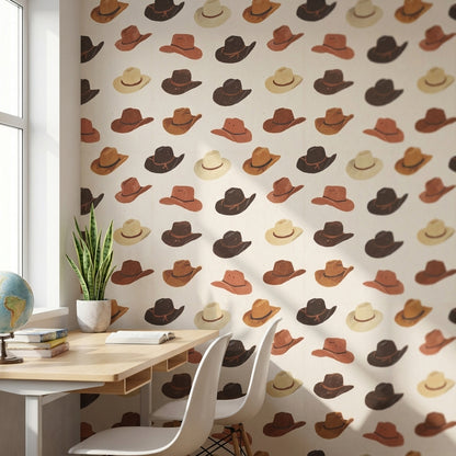 Cream and Brown Cowboy Hat Pattern Wallpaper