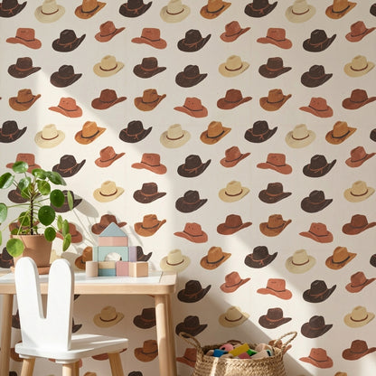 Cream and Brown Cowboy Hat Pattern Wallpaper