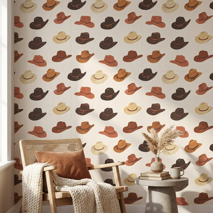 Cream and Brown Cowboy Hat Pattern Wallpaper