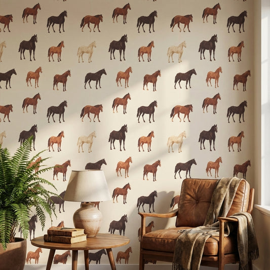 Cream and Brown Horse Pattern Wallpaper