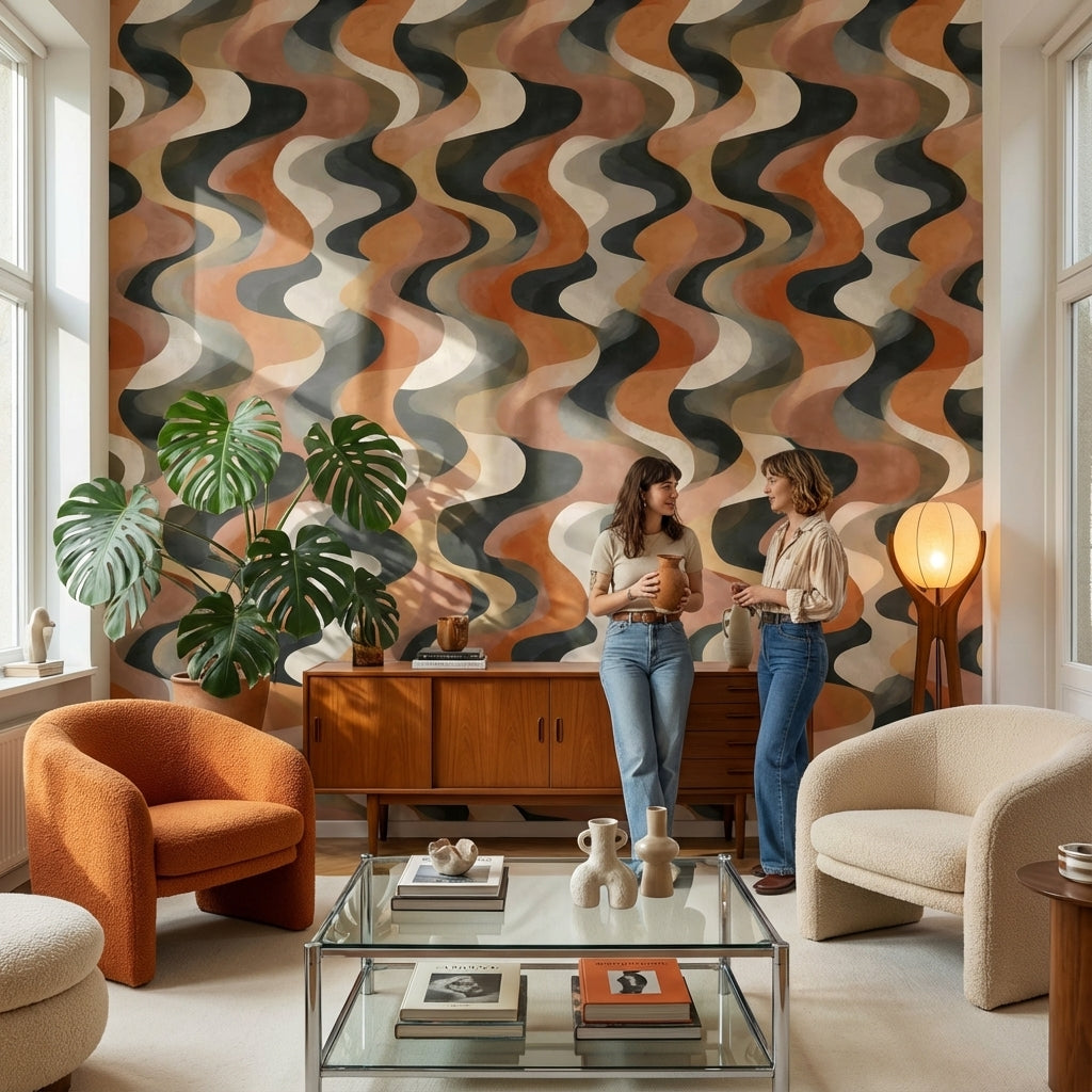 Terracotta Beige Wavy Geometric Wallpaper