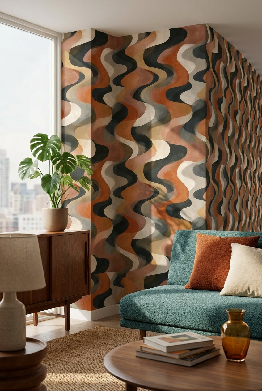 Terracotta Beige Wavy Geometric Wallpaper