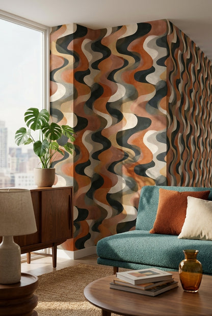 Terracotta Beige Wavy Geometric Wallpaper