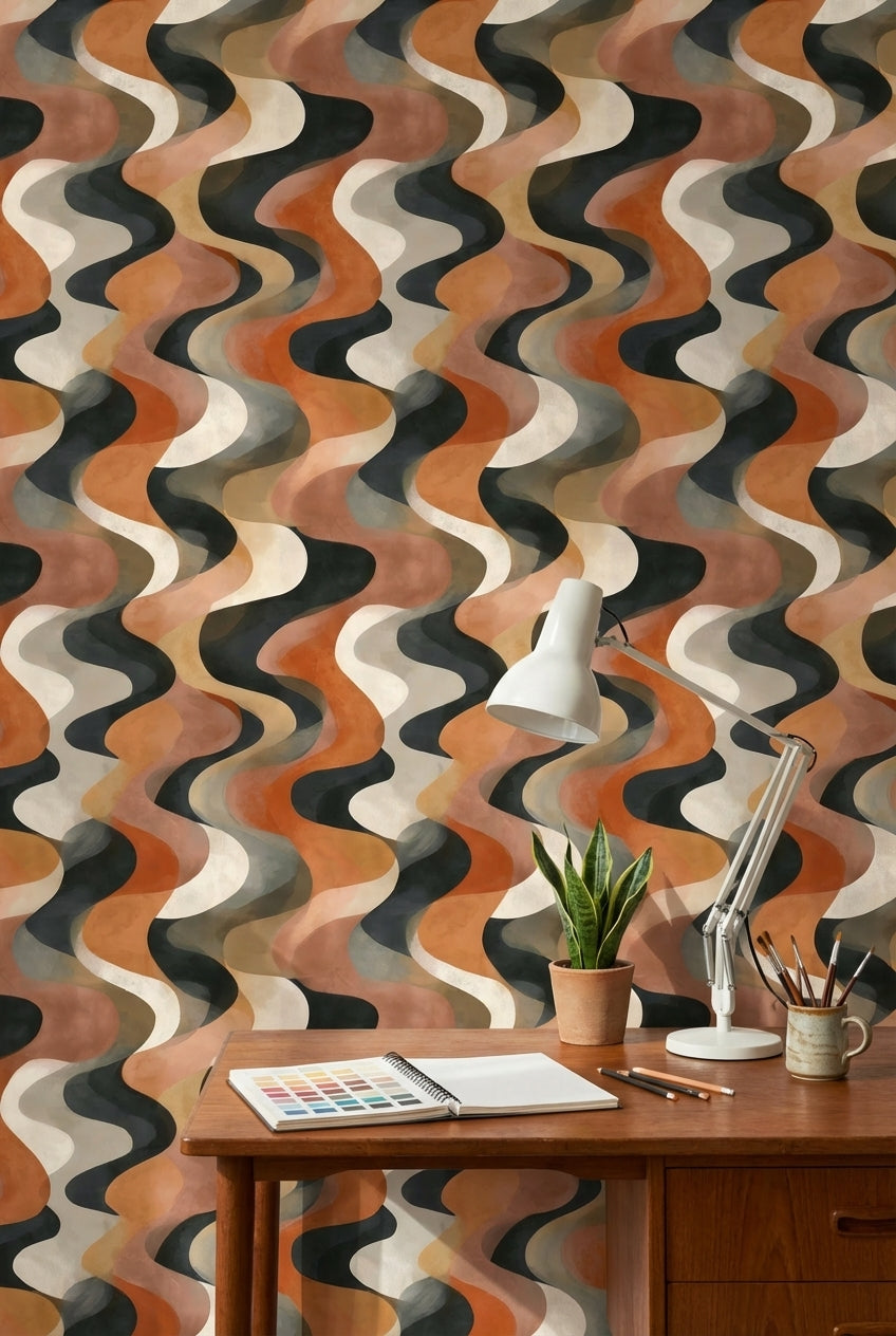 Terracotta Beige Wavy Geometric Wallpaper