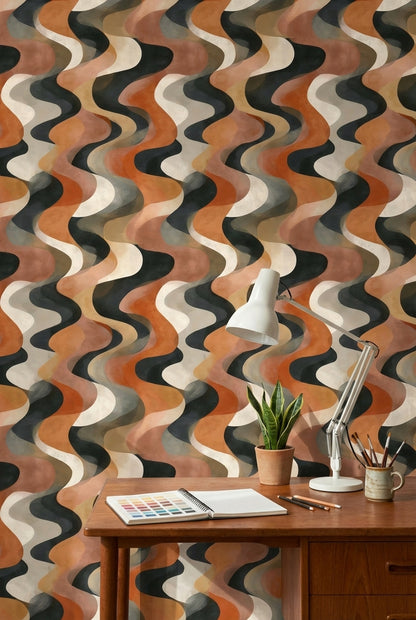 Terracotta Beige Wavy Geometric Wallpaper