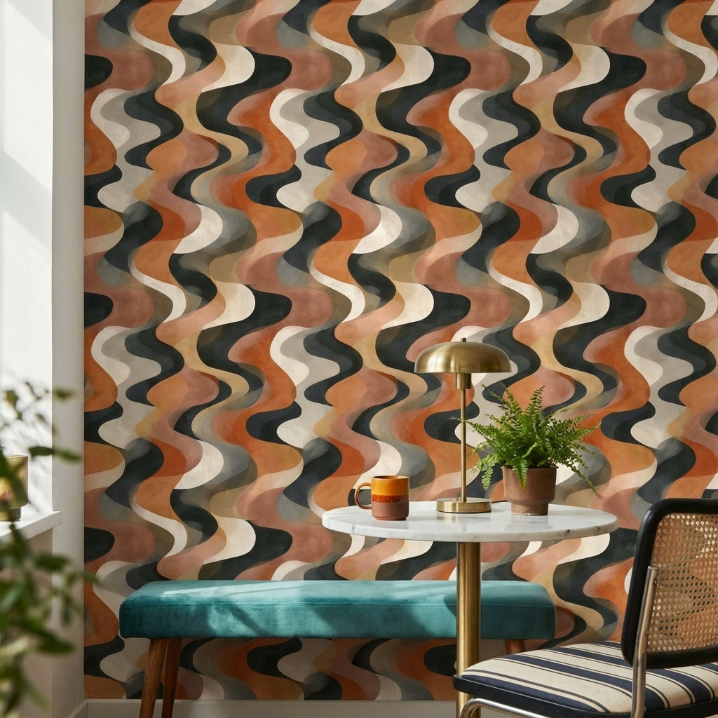 Terracotta Beige Wavy Geometric Wallpaper