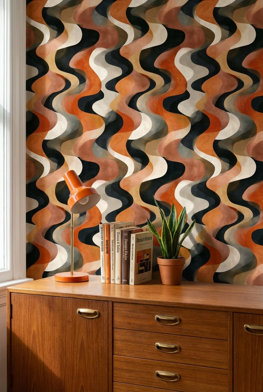 Terracotta Beige Wavy Geometric Wallpaper