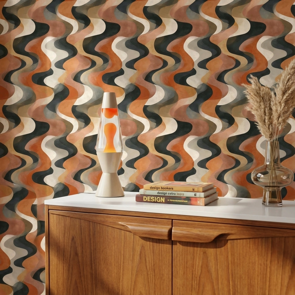 Terracotta Beige Wavy Geometric Wallpaper