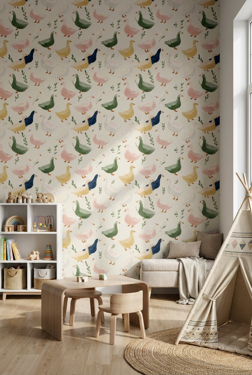 Cream Multicolor Duck Pattern Kids Wallpaper
